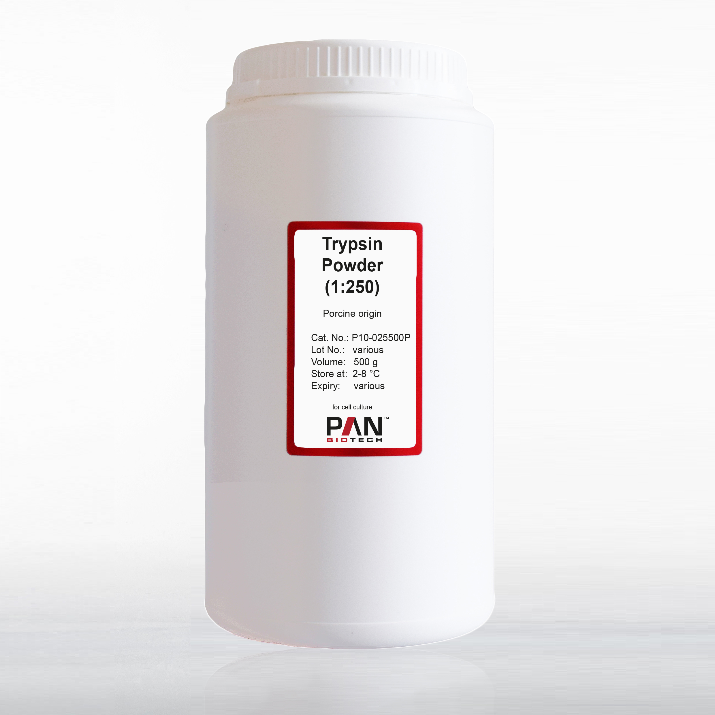 P10-025500P_1 Opaque bottle with label on front. Bottle contains white powdered product Trypsin.