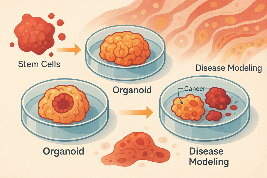 Illustration of three organoid cultures developing from stem cells into complex 3D structures, highlighting applications in disease modeling, including cancer research.