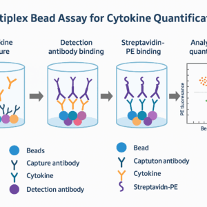 Illustration showing the workflow of a multiplex bead-based cytokine assay, including capture beads, cytokine binding, detection antibodies, and fluorescence-based analysis for quantification.