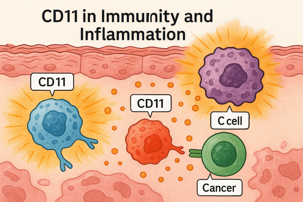 Illustration of immune cells expressing CD11 integrins interacting with blood vessels and tumor tissue, highlighting roles in inflammation and cancer immunity