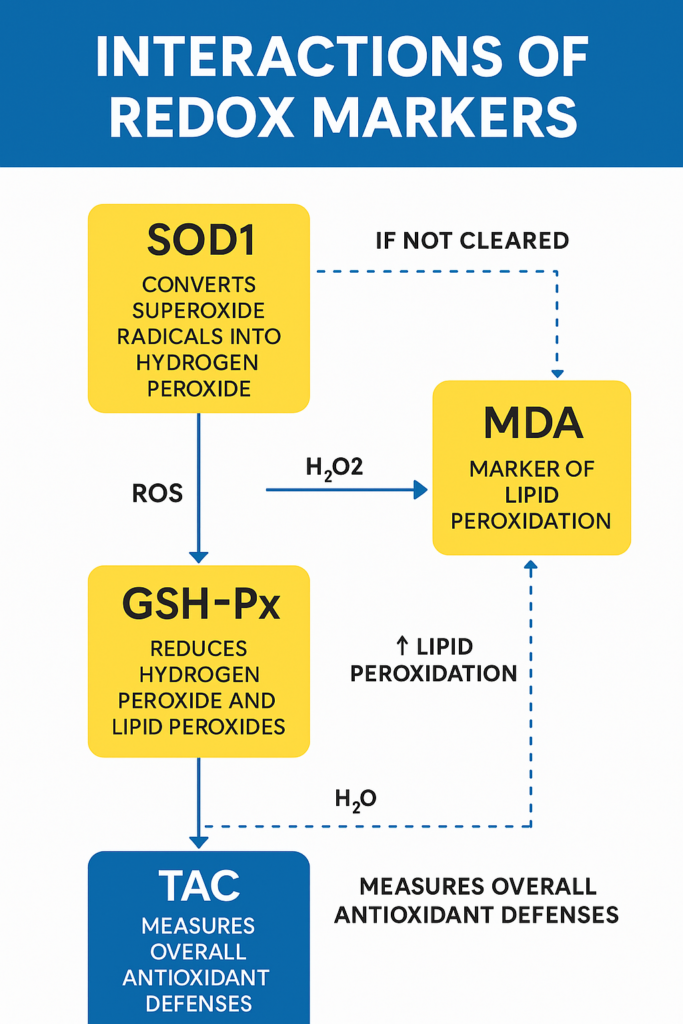 "Infographic illustrating the interaction between redox biomarkers SOD1, GSH-Px, MDA, and TAC in oxidative stress pathways. SOD1 converts superoxide to hydrogen peroxide, which is detoxified by GSH-Px. Failure to detoxify leads to lipid peroxidation and increased MDA. TAC reflects overall antioxidant capacity."