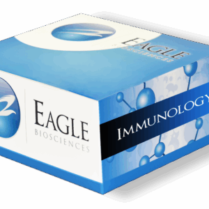 Branded blue and white product box from Eagle Biosciences labeled "Immunology." The box features the Eagle Biosciences logo with a stylized eagle head in a blue circle and molecular graphics on the side panel, indicating its use for immunology-related research kits.