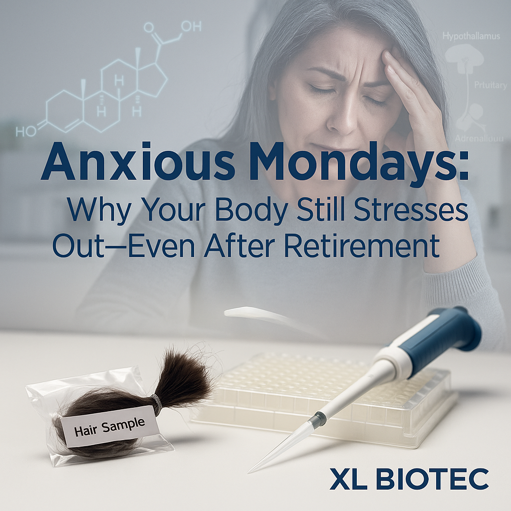Composite image for XL Biotec showing a laboratory researcher handling ELISA plates alongside a cortisol molecular structure graphic, symbolizing hormone testing