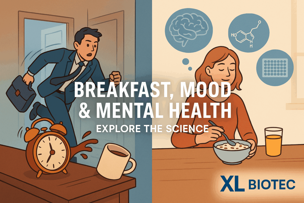 Split illustration showing a chaotic morning scene with a man rushing past an alarm clock and spilled coffee, contrasted with a calm woman eating breakfast with icons of a brain, serotonin molecule, and ELISA plate. Text reads 'Breakfast, Mood & Mental Health – Explore the Science,' with XL Biotec logo