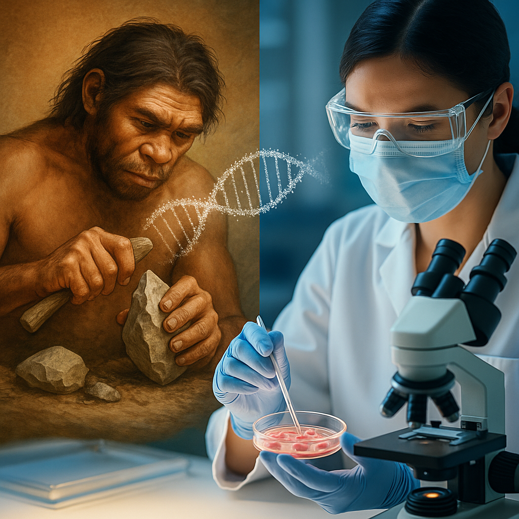 Illustration showing early human tool use evolving into modern cell research, connected by a glowing DNA helix symbolizing the link between evolution, intelligence, and biotechnology.